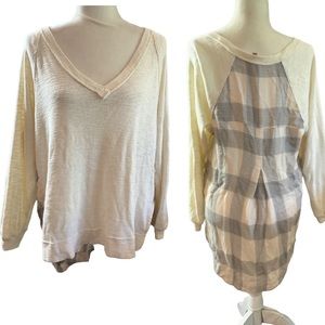 Anthropologie Pilcro cream gray plaid back V-neck long sleeve oversized top Sz S